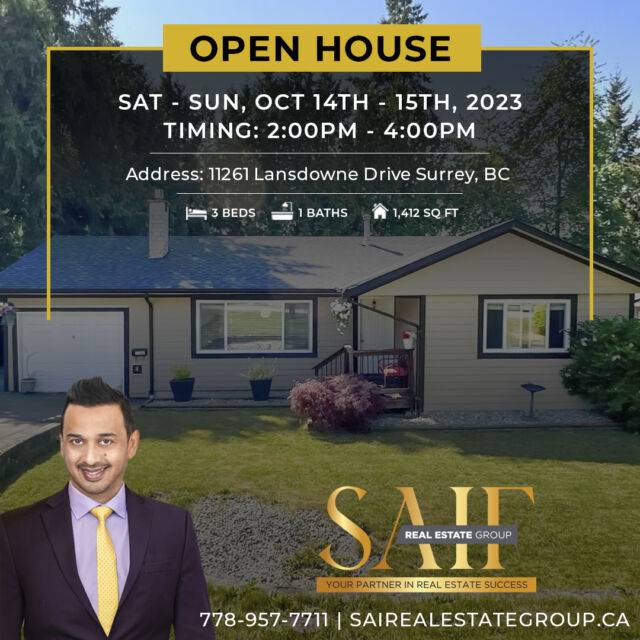 🔔 OPEN HOUSE🔔
📍 11261 Lansdowne Dr, Surrey, BC V3R 4Z6
🛏️ 4 Bedrooms
🛁 3 Bathrooms
🏡 Lot Size: 65 ft x 111 ft (7640 ft²)

⏰Time: 2.00 PM- 4:00 PM

✨ Newly upgraded home in a serene, family-oriented neighborhood. Recent enhancements feature contemporary paint, refined flooring, updated moldings, and premium bathroom fittings. The kitchen gleams with brand-new Samsung stainless steel fixtures. Additions also encompass a modern sliding door, updated furnace, and a fresh hot water tank. The backyard is spacious, fully fenced, and has a large deck for enjoying the summer. Perfectly located near educational institutions and transit options.

Reach out to Saif Real Estate Group® for more information on this Open House event:
📲 +1-778-957-7711
📧 : contact@sa[ifrealestategroup.ca

#SaifRealEstateGroup #SurreyRealtor #OpenHouseAlert  #ResidentialRealEstate  #OpenHouse # #SurreyRealestate #RealestateExpert #homeforsale #PropertyTour #HomeViewing #LocalRealty #ComeAndSee #HouseGoals #HomeBuyingEvent #PrimeLocation