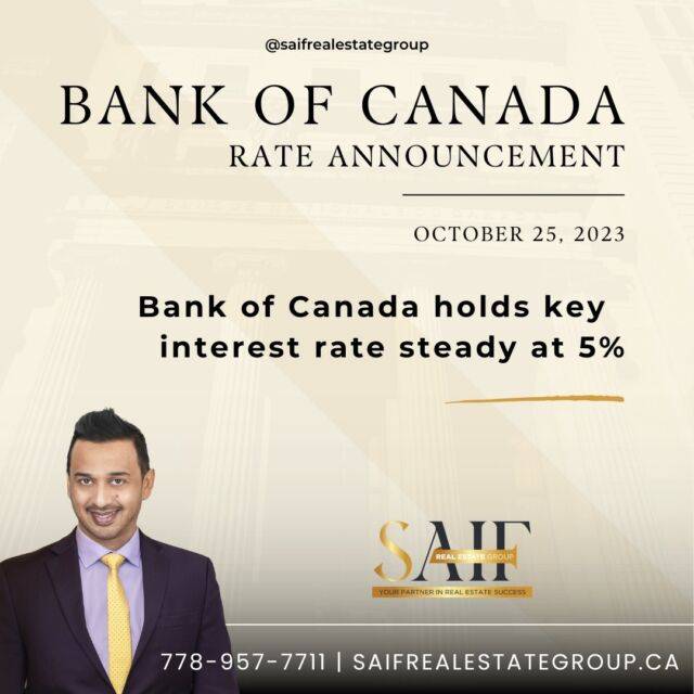 🔔 News from Bank of Canada 🍁📈

Today, the Bank of Canada maintained the overnight rate target at 5%, with the Bank Rate at 5¼% and the deposit rate at 5%. The Bank persists with its quantitative tightening strategy.

For expert insights and advice on how these financial trends may influence your property investments, get in touch with Saif Real Estate Group:

📲 Call: +1-778-957-7711
📧 Email: contact@saifrealestategroup.ca
🌐 https://www.saifrealestategroup.ca/

#SaifRealEstateGroup #BankOfCanadaAlert #MarketInsights #CanadianPropertyTrends #InvestInProperty #FinancialForecast #GuidedRealEstate #SurreyRealtyExpert #AchieveRealEstateGoals #SmartPropertyInvestment #BankofCanadaUpdate #RealEstateNews